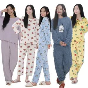 여성 겨울 수면 긴팔 잠옷 긴바지 스판 상하 세트 여자 주니어 학생 커플 홈웨어 파자마 실내복 ops 이너 내복 한파 따뜻한 포근한 기모 기본템