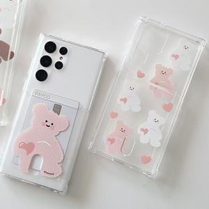 갤럭시 S24 FE 울트라 플러스 일러스트 카드케이스 Mooeol 모루 곰 핑크 투명 커플 우정템 카드수납 포켓