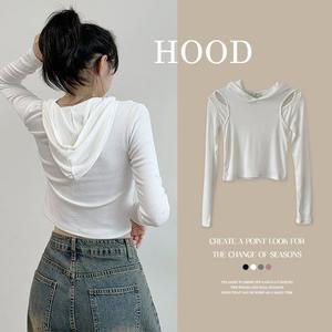[기타][Y2K힙무드!] 숄더 트임 크롭 긴팔 슬림핏 후드티셔츠, 간절기템, 포인트룩