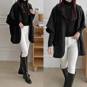 허밍퍼플 여성용 3665-기모 판초 케이프 후드 빅사이즈 겨울 숄 가디건 블랙 검정 버튼 오버 핏 여성의류