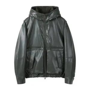 [커스텀멜로우](강남점) 페이크 레더 후드 봄버 (그린, 블랙) CWUAA24513GRD