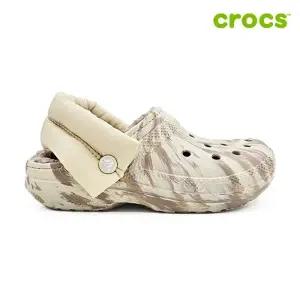 [크록스 정품] 클래식 퍼프 스트랩 마블 라인드 클로그 공용 털샌들 211980-2Y3