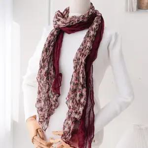 여성 빈티지 플로럴 버건디 배색 코튼 스카프