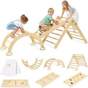 펀 포레스트 8 in 1 나무 피클러 삼각형 세트, 텐트 및 에어 하키 테이블이 있는 용 우드 접이식 몬테소리 실내 정글짐 대형