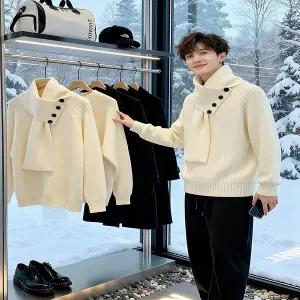 목티 폴라티 터틀넥 목폴라티 남자 남성 흰색 신형 스타일 스웨터 겨울 세련되고 여유로운 룩 스카프와 니