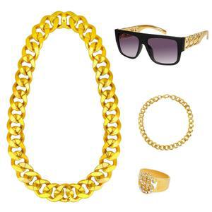 80년대 90년대 남성 힙합 의상 키트를 위한 액세서리 의상, 가짜 골드 체인 래퍼 선글라스 로프 팔찌, 액세서리를 달러 사인 핑거 링 할로윈 파티 장식