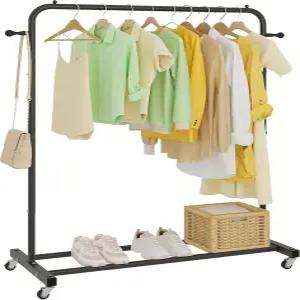 보관 선반과 튼튼한 금속 프레임이 있는 바퀴 달린 시위타 의류 랙 옷 코트 스커트를 걸 수 소매 옷장 침실