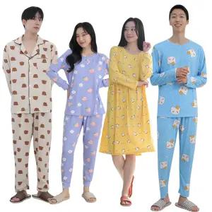 빅사이즈 사계절 긴팔 긴바지 원피스 스판 잠옷 세트 남녀공용 남성 여성 파자마 실내복 홈웨어 바지 ops 간절기 커플룩 가을