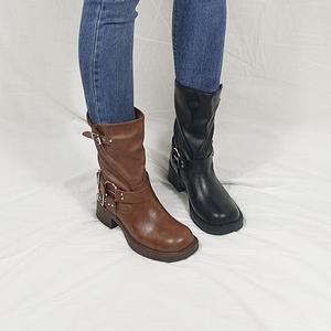 [디아]가비 오버솔 스퀘어 버클장식 통굽 키높이 숏부츠 5cm
