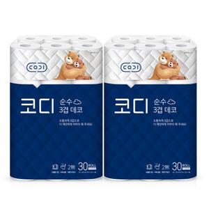 코디 순수 3겹 데코 30M 30롤x2팩 /두루마리 휴지 화장지