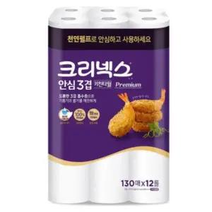 안심 3겹 프리미엄 천연펄프 키친타올 130매 12롤 X 1EA | 크리넥스 | 도톰한흡수층 기름기제거 식품용기구