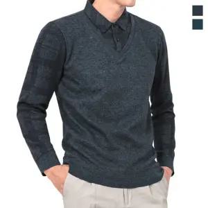 루센 남성 카라 레이어드 면 체크 니트티셔츠 Model No_B2-4E015