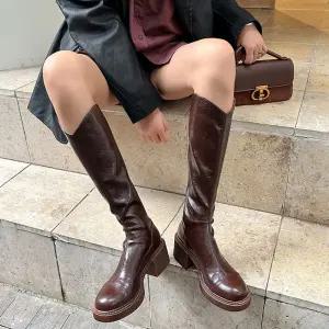 EAMT 여자 롱부츠 키높이 V라인 통굽 라이더 슈즈 겨울 라운드토 스판 백 레그 힛템