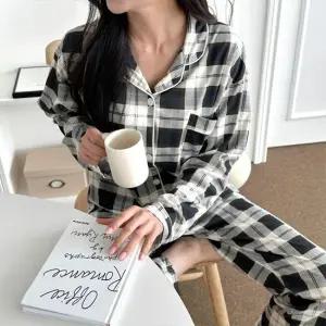 유기견 후원 빈티지 모던 체크 커플 우정 파자마 긴팔 잠옷 세트 no.260