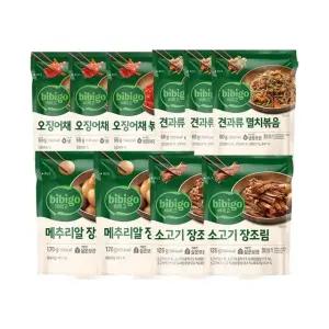 비비고 오징어채볶음 55g x3개+멸치볶음 60g x3개+메추리알 장조림 170g x2개+소고기 장조림 125g x2개