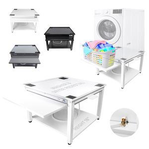 세탁기 및 건조기용 EZ 세탁 받침대 - 흰색 18인치 엘리베이터 29인치 - 풀아웃 선반, 최대 800파운드, 배수 팬, 방진, 조절 가능한 발 - 범용 핏 - 삼성, LG, GE를 위한 간편한 설정