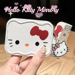 헬로 키티 미니 휴대용 접이식 소형 메이크업 거울(분리형 빗 세트 포함) 학교 수업용 포켓 터치업 매일