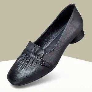 마마슈 밀라노 여성 구두 펌프스 부드러운 가죽 로우힐 3cm 주름 큐빅 버클 세련된 발볼편한 푹신 쿠션