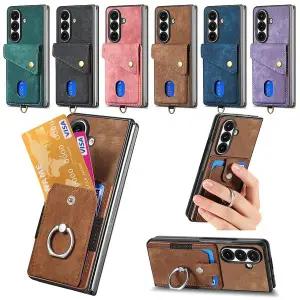 갤럭시 Z폴드 7 6 5 4 3 빈티지 가죽 카드 포켓 지갑 링 고리 손목 스트랩 지폴드 폴더 케이스