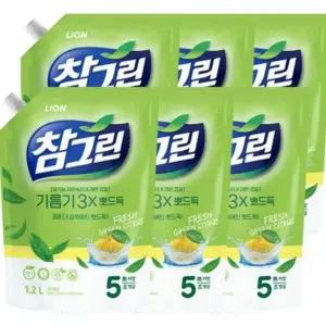 참그린 주방세제 레몬 녹차 기름기 뽀드득 1.2L 리필x6개