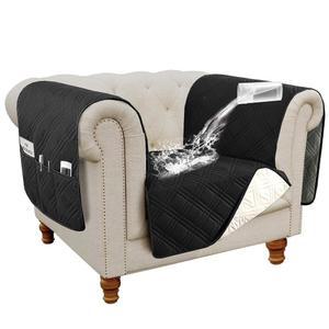 H.VERSAILTEX 100% 방수 암체어 슬립커버 현대 커버, 엑스트라 롱 암레스트 커버 전통 체스터필드 의자 고양이용 두꺼운 소파 보호대(의자, 블랙/베이지)