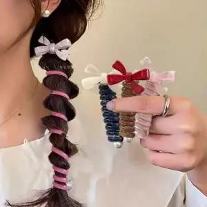 [콩심팥심]간단포인트 귀염뽀짝 헤어스타일링 리본 전화선머리끈 아동머리끈