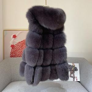 하이닝 폭스 퍼 탱크 탑 여성 중간 길이 후드 A라인 에디션 면 조끼 코트 2023 가을 겨울 신상