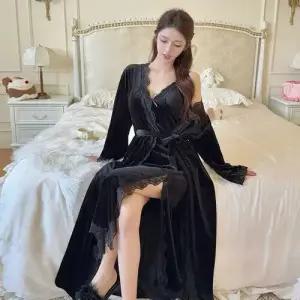 띠엔다 커플 잠옷세트 실내복 파자마 롱 트임 나비레이스 슬립 벨벳 가운 세트 힛템