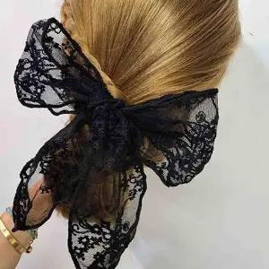 [골드스마일]블랙 레이스 빅사이즈 리본 자동핀 하객룩