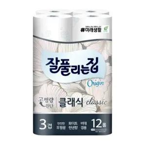 잘풀리는집 클래식 3겹 무형광 화장지 27m, 12롤, 1팩