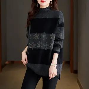 여성 러블리 티 롱루즈핏 미디 스웨터 추동 반폴라 엉덩이를 덮는 상의 힛템