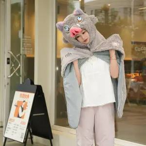 귀멸의 칼날 후드 망토 U자형 베개 겸용 담요 이노스케 돼지 머리 낮잠 쿠션 귀칼