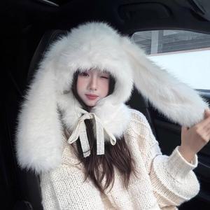 따뜻한 모자 귀여운 토끼 선물 흰색 목 비니 토끼 겨울 커버 플러시 스카프 모자 보호 발라클라바 통합 넥 여성