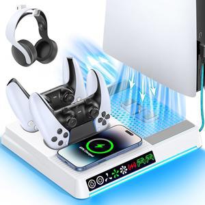 컨트롤러 및 무선 충전기가 있는 PS5 / 슬림/PRO 냉각 스테이션, 디스크 디지털 콘솔용 수직 스탠드, 듀얼 센스 엣지용 충전 스테이션