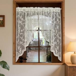 Gxi 오프 화이트 레이스 주방 커튼 스웨그 플로럴 쉬어 밸런스 39인치 길이 도어 패널 로드 포켓 보일 윈도우 처리 티어 욕실 다이닝 룸 1 패널, W55 x L39인치
