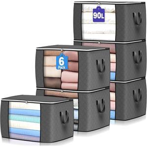 90L 대형 보관 가방, 6팩 의류 통 접이식 옷장 정리함 용기, 의류, 담요, 이불, 침대 시트, 베개 및 장난감용 강화 손잡이 포함 (그레이)