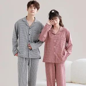 이브바바 남성 여성 커플 겨울 도톰 극세사 기모 깅엄체크 카라 긴팔 상하 잠옷 파자마세트