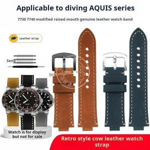 Oris Aquis 7330 7740 시계 밴드 볼록 스트랩 블루 브라운 22x11m 24x12mm 남성용 정품 가죽 레트로 소 손