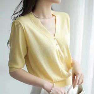 여성 여름 썸머 브이넥 반팔 니트 티 옐로우