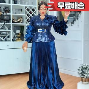 여성용 아프리카 의류 2피스 세트 상의와 스커트 스팽글 다쉬키 안카라 가운 빅사이즈 웨딩 파티 드레스