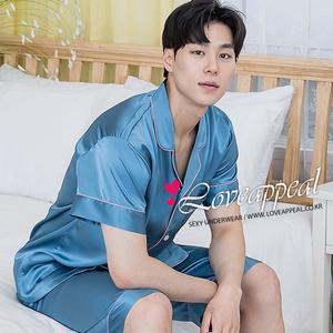 [러브어필]실크느낌 딥블루 반팔 남자 상하잠옷(M9490)신혼여행 결혼웨딩선물 여름용