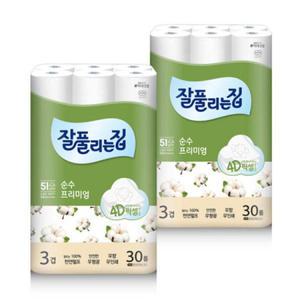 잘풀리는집 순수프리미엄 3겹 30M 30롤 2팩(60롤) 무향/무형광/무인쇄