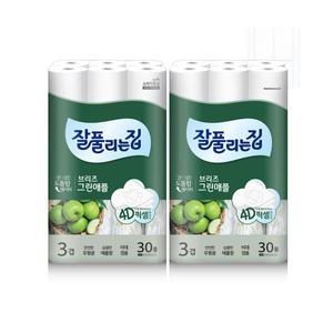 잘풀리는집 브리즈 그린애플 3겹 화장지 25M 30롤 X 2팩(60롤) 무형광, 애플향, 비데겸용