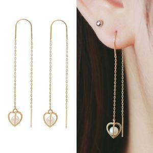 14K 골고급드 하트 진주 드롭 롱 귀걸이