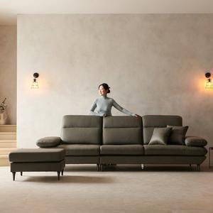 [라자가구] 비바 아멜리에 4인 천연면피 통가죽 소파 + 스툴 LSI034