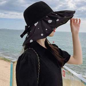 여자 휴양지바캉스룩 와이드 암막챙 도트 버킷햇 컨캡 여름챙모자