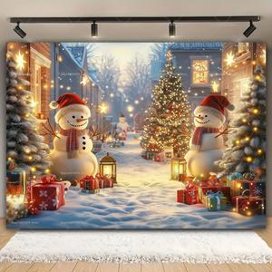 풍경 계곡 배경 포토존 현수막 크리스마스 트리와 사탕 지팡이 인쇄 파티 배너로 장식 된 눈사람
