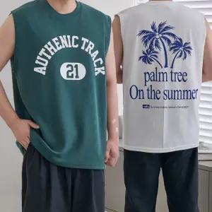 [비템]1+1 두장 휴양룩 짐웨어 런닝복 프린팅 오버핏 어깨넓은 민소매 나시티 4스타일 4컬러