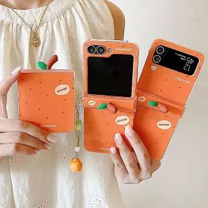 갤럭시 z플립 7 6 5 4 3 플립 귀여운 오렌지 키링 스트랩 슬림 투명 힌지 보호 커버 케이스