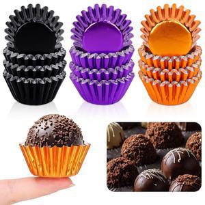 Whaline 300Pcs 할로윈 미니 호일 컵케이크 라이너 블랙 퍼플 오렌지 케이크 종이컵 메탈릭 포장 머핀 파티 용품 테이블 장식용